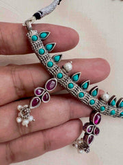 Pink kemp and turquoise necklace with pearls-Silver Neckpiece-CI-House of Taamara