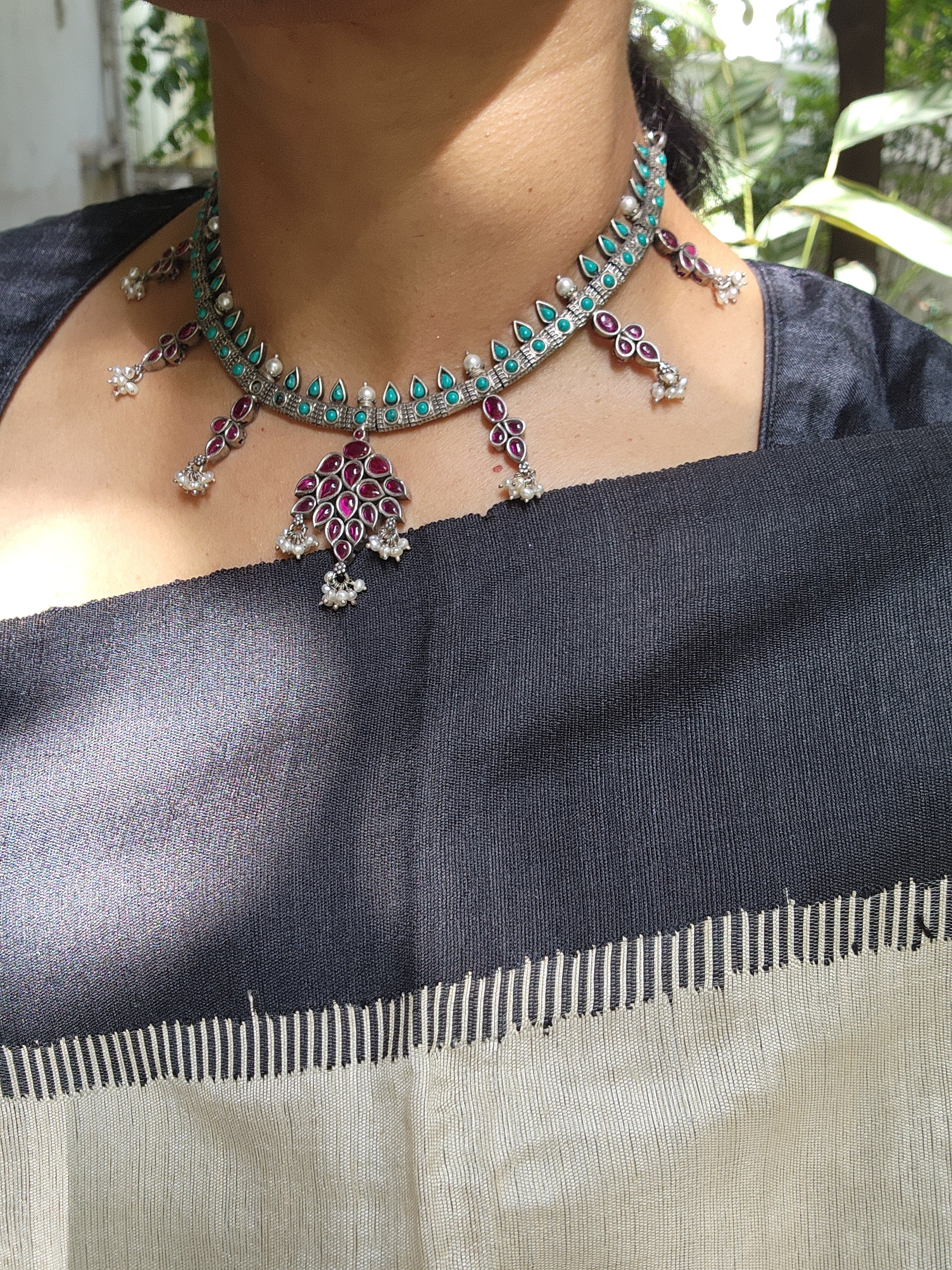 Pink kemp and turquoise necklace with pearls-Silver Neckpiece-CI-House of Taamara