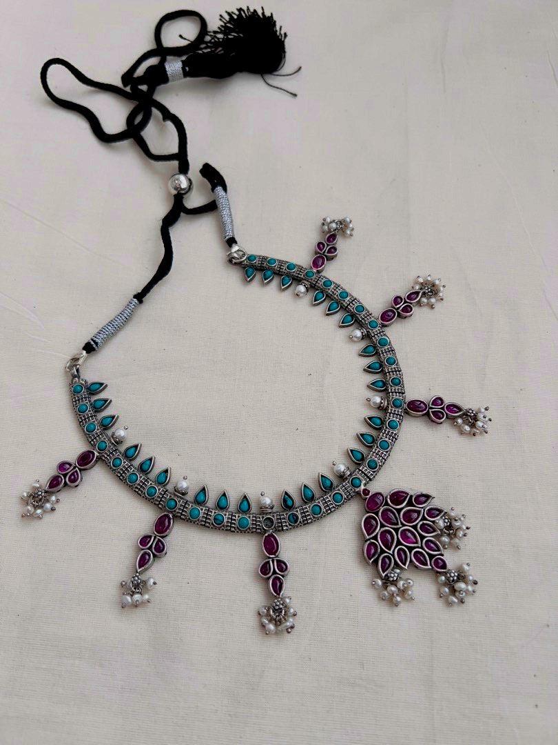 Pink kemp and turquoise necklace with pearls-Silver Neckpiece-CI-House of Taamara