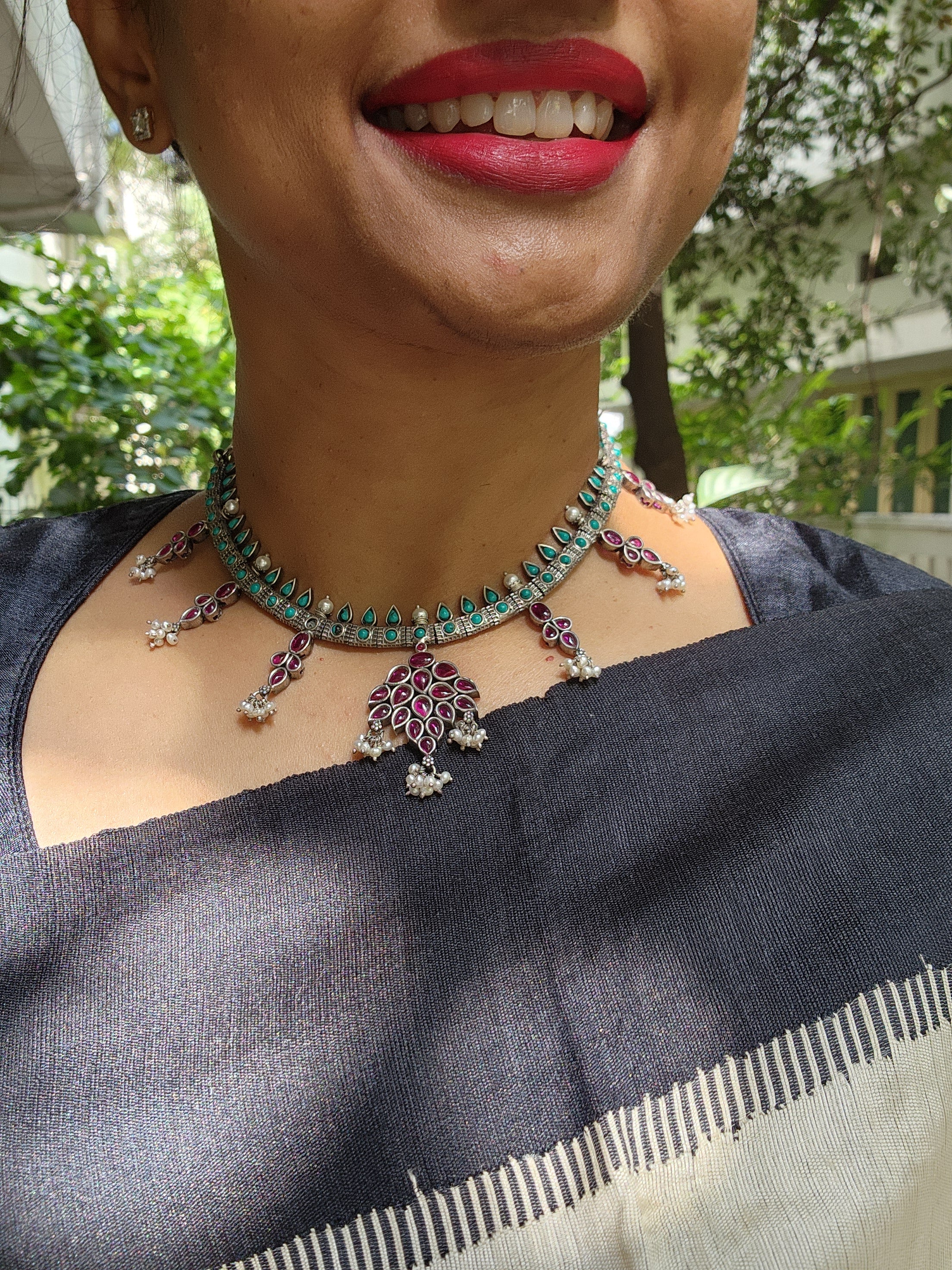 Pink kemp and turquoise necklace with pearls-Silver Neckpiece-CI-House of Taamara