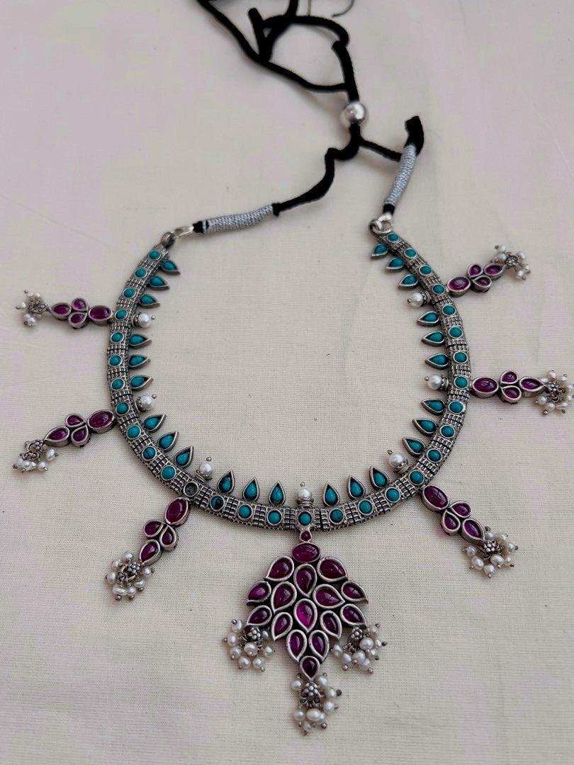 Pink kemp and turquoise necklace with pearls-Silver Neckpiece-CI-House of Taamara