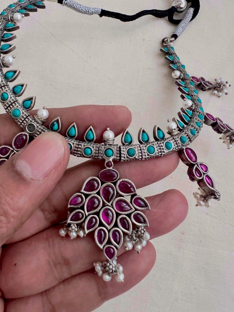 Pink kemp and turquoise necklace with pearls-Silver Neckpiece-CI-House of Taamara