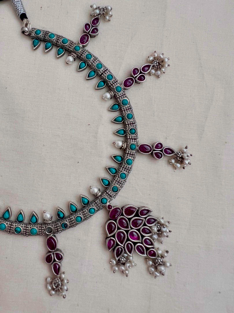 Pink kemp and turquoise necklace with pearls-Silver Neckpiece-CI-House of Taamara
