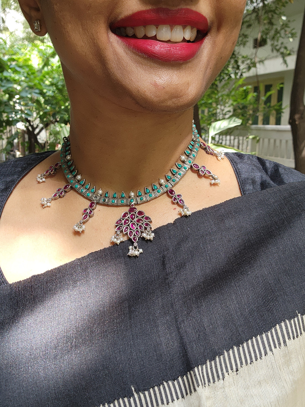 Pink kemp and turquoise necklace with pearls-Silver Neckpiece-CI-House of Taamara