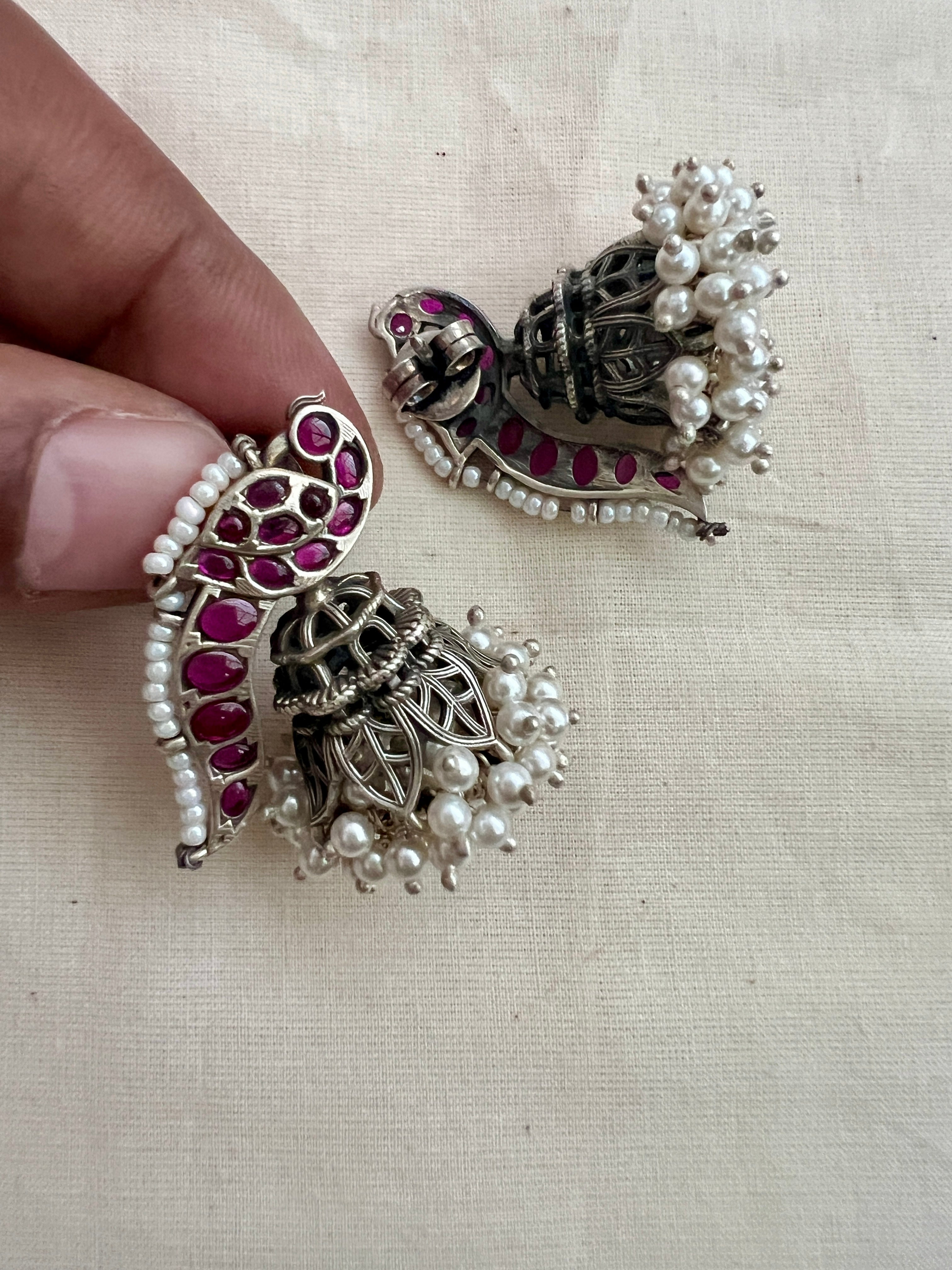 Pink kemp peacock silver jhumkas with pearls-Earrings-CI-House of Taamara