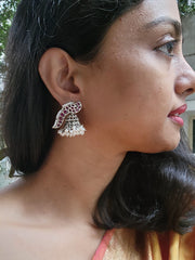 Pink kemp peacock silver jhumkas with pearls-Earrings-CI-House of Taamara