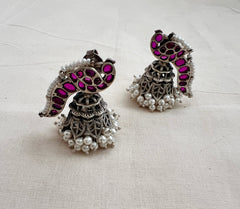 Pink kemp peacock silver jhumkas with pearls-Earrings-CI-House of Taamara