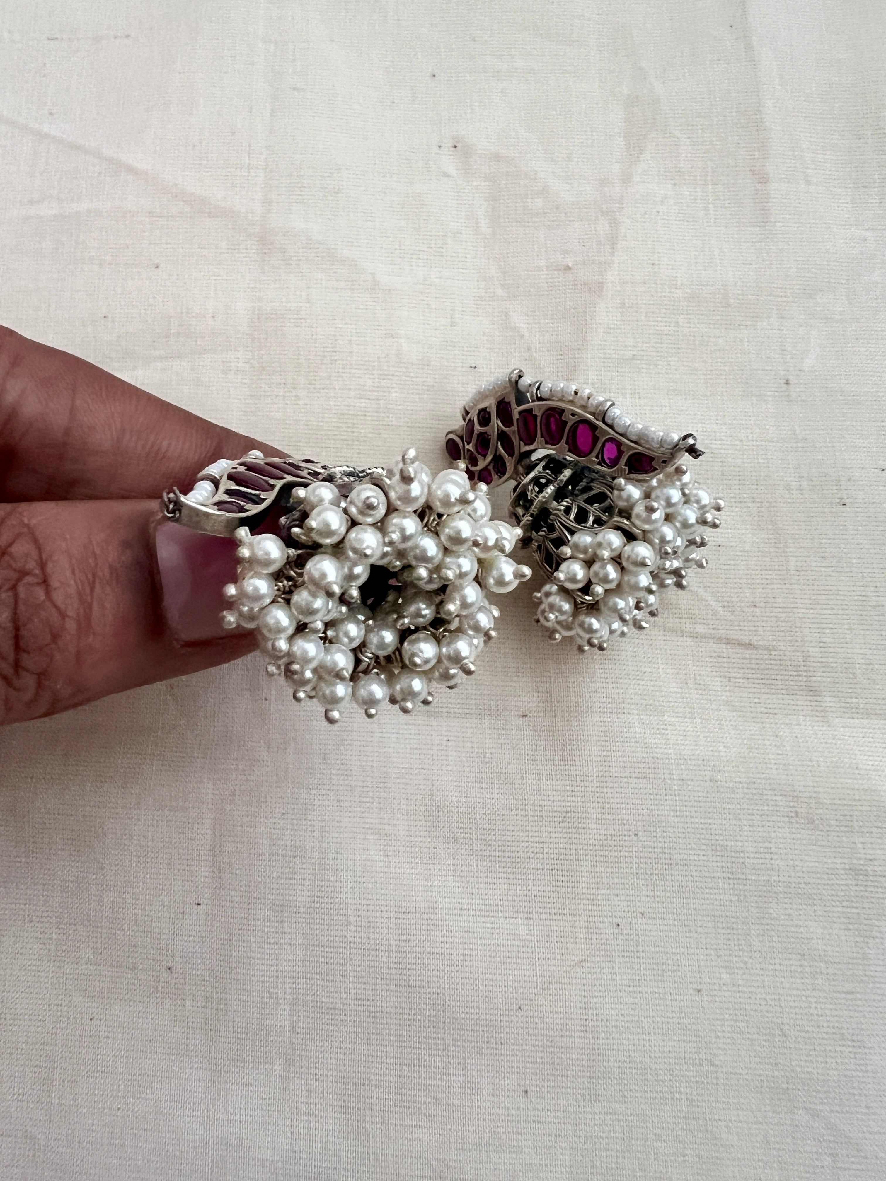 Pink kemp peacock silver jhumkas with pearls-Earrings-CI-House of Taamara