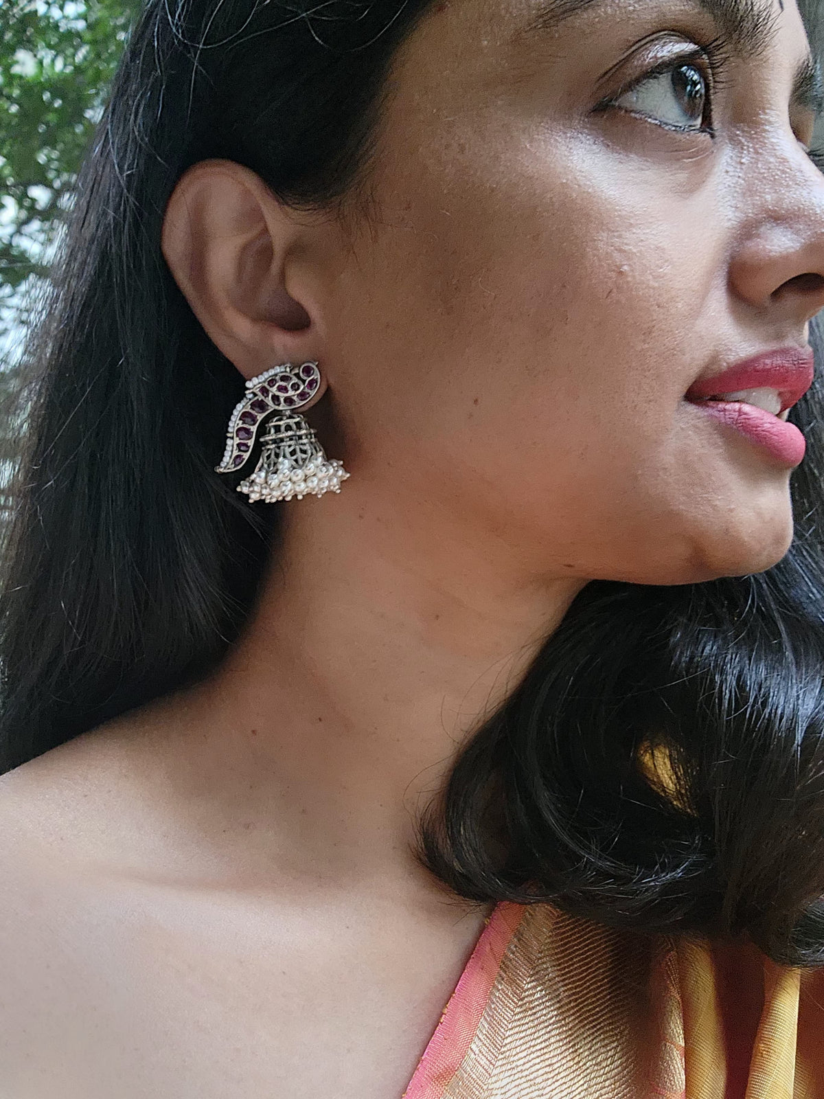 Pink kemp peacock silver jhumkas with pearls-Earrings-CI-House of Taamara