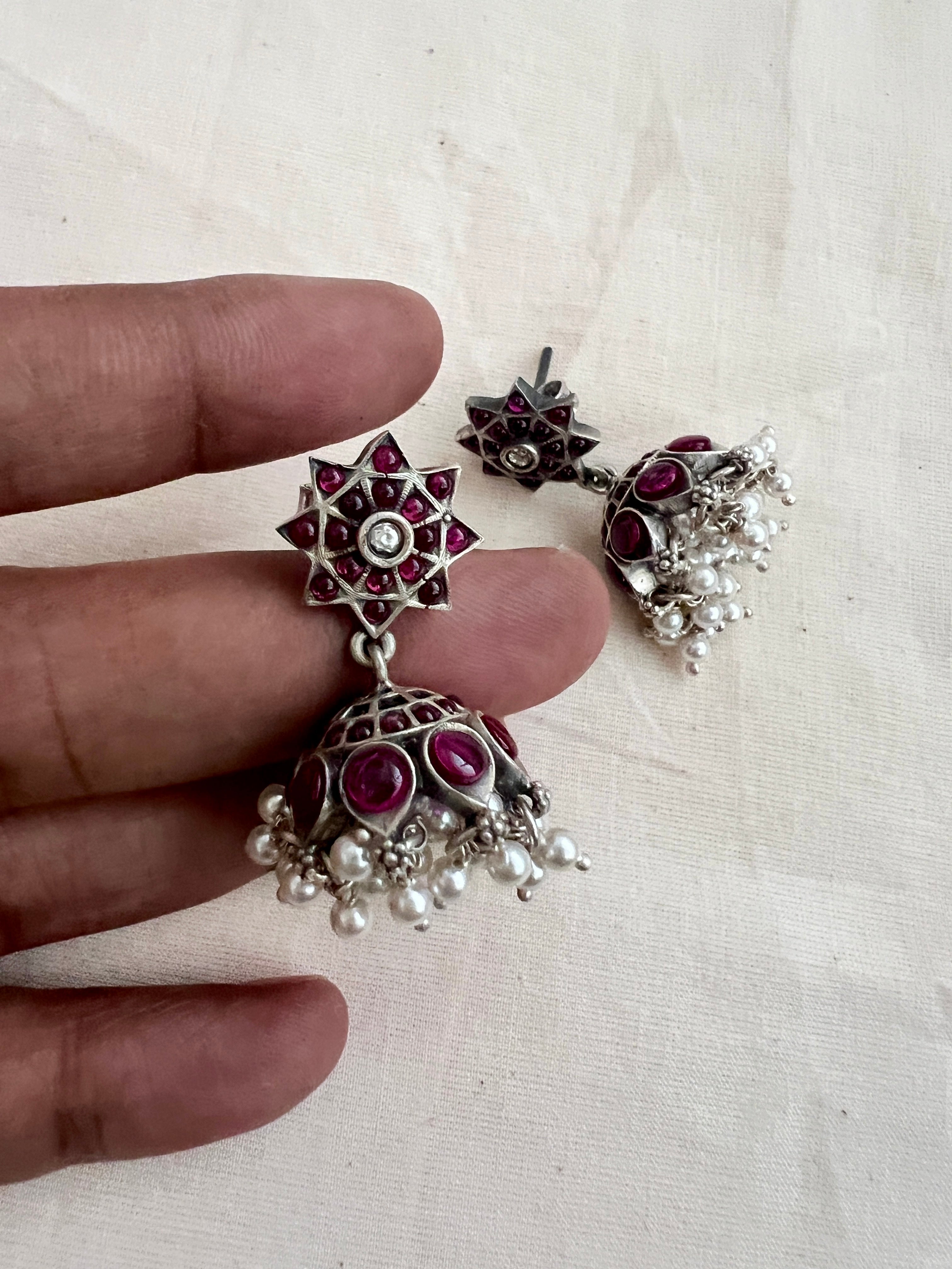 Pink kemp silver jhumkas with pearls-Earrings-CI-House of Taamara