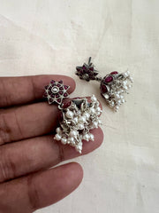 Pink kemp silver jhumkas with pearls-Earrings-CI-House of Taamara