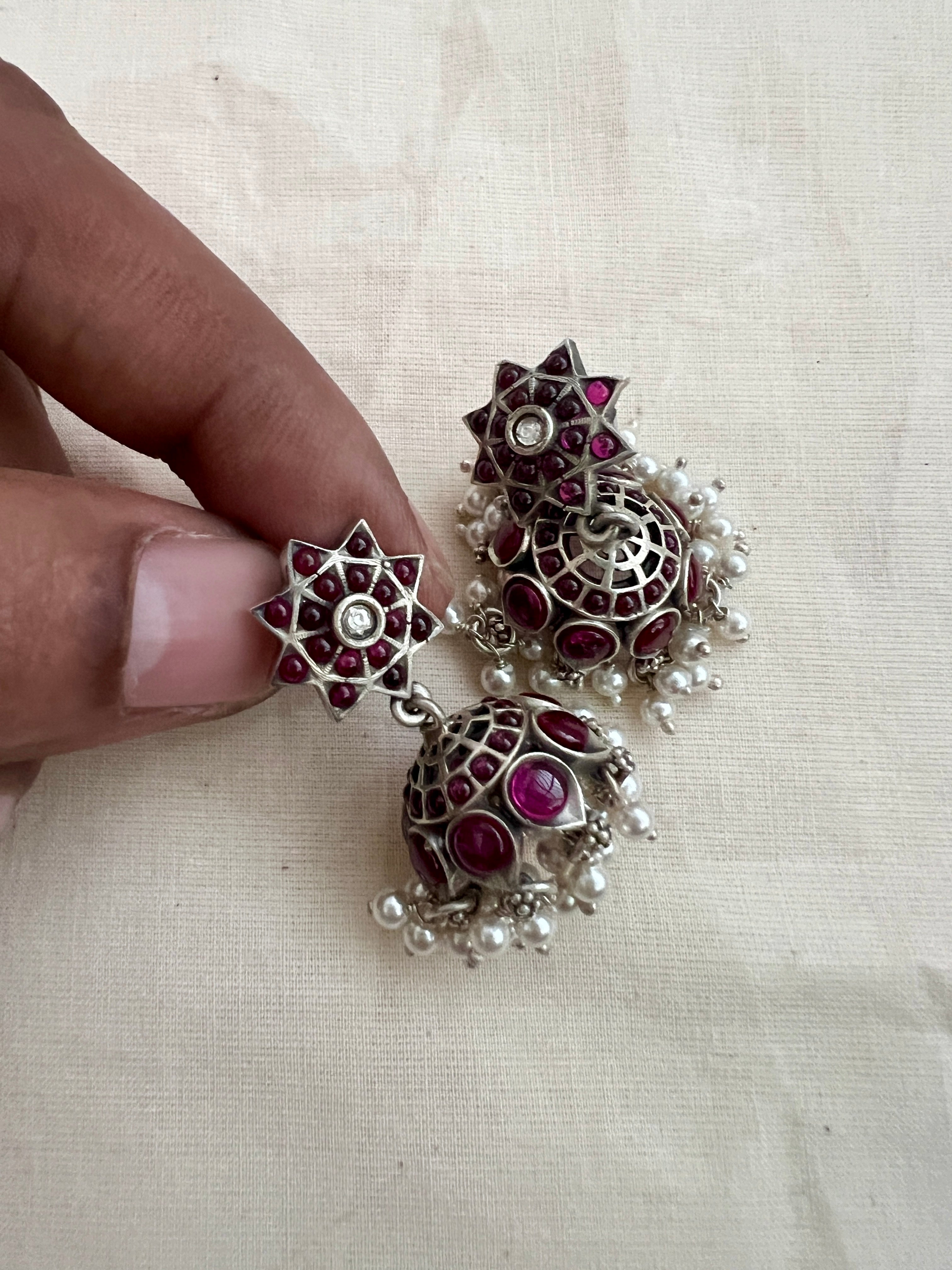 Pink kemp silver jhumkas with pearls-Earrings-CI-House of Taamara