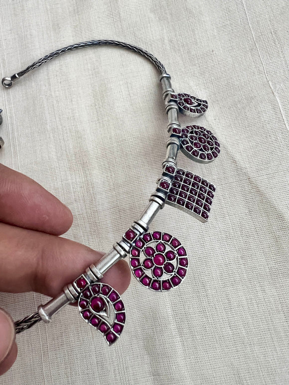 Pink kemp silver necklace set-Silver Neckpiece-CI-House of Taamara
