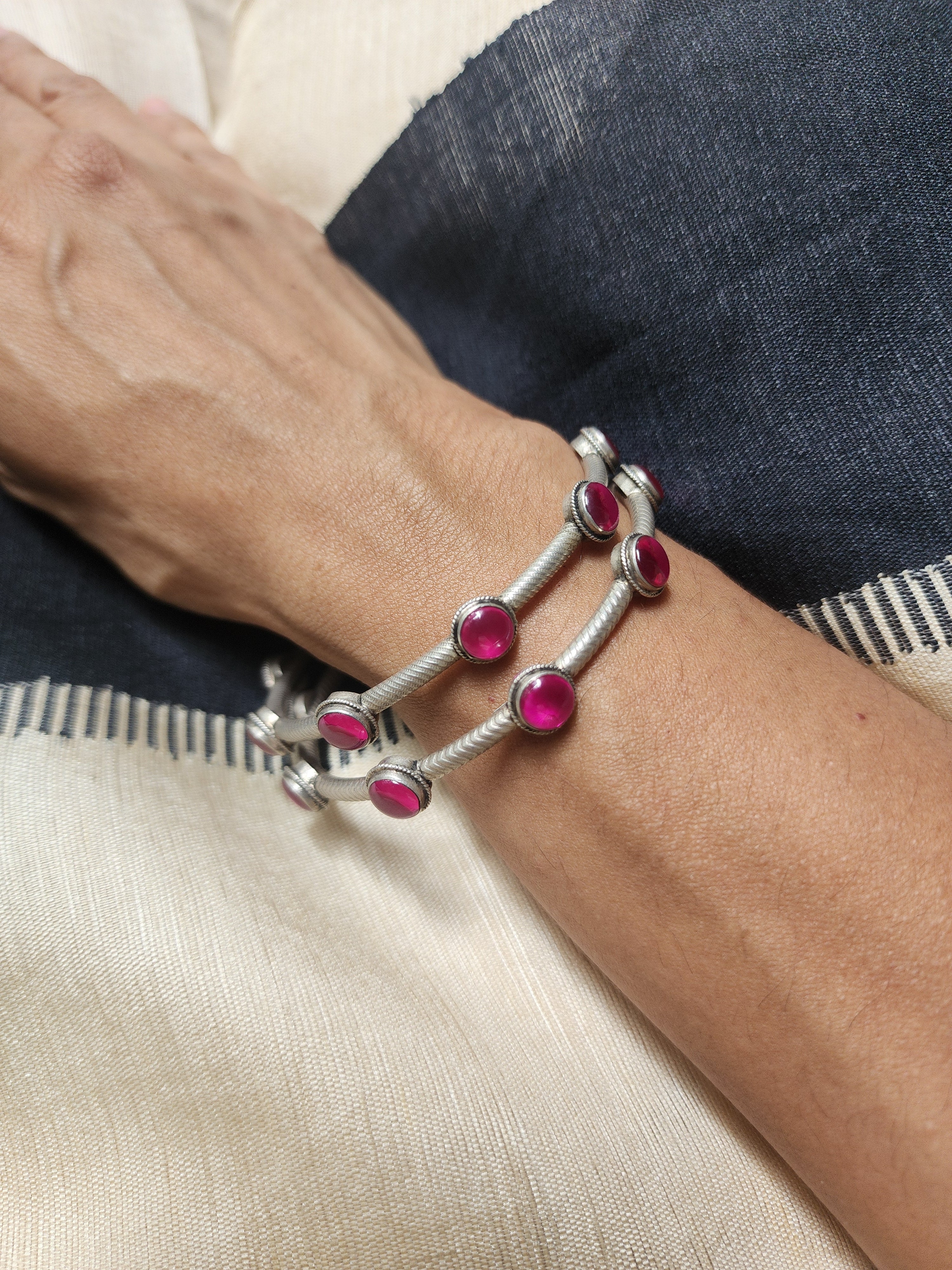 Pink kemp stone bangles, PAIR-Silver Bracelet-CI-House of Taamara