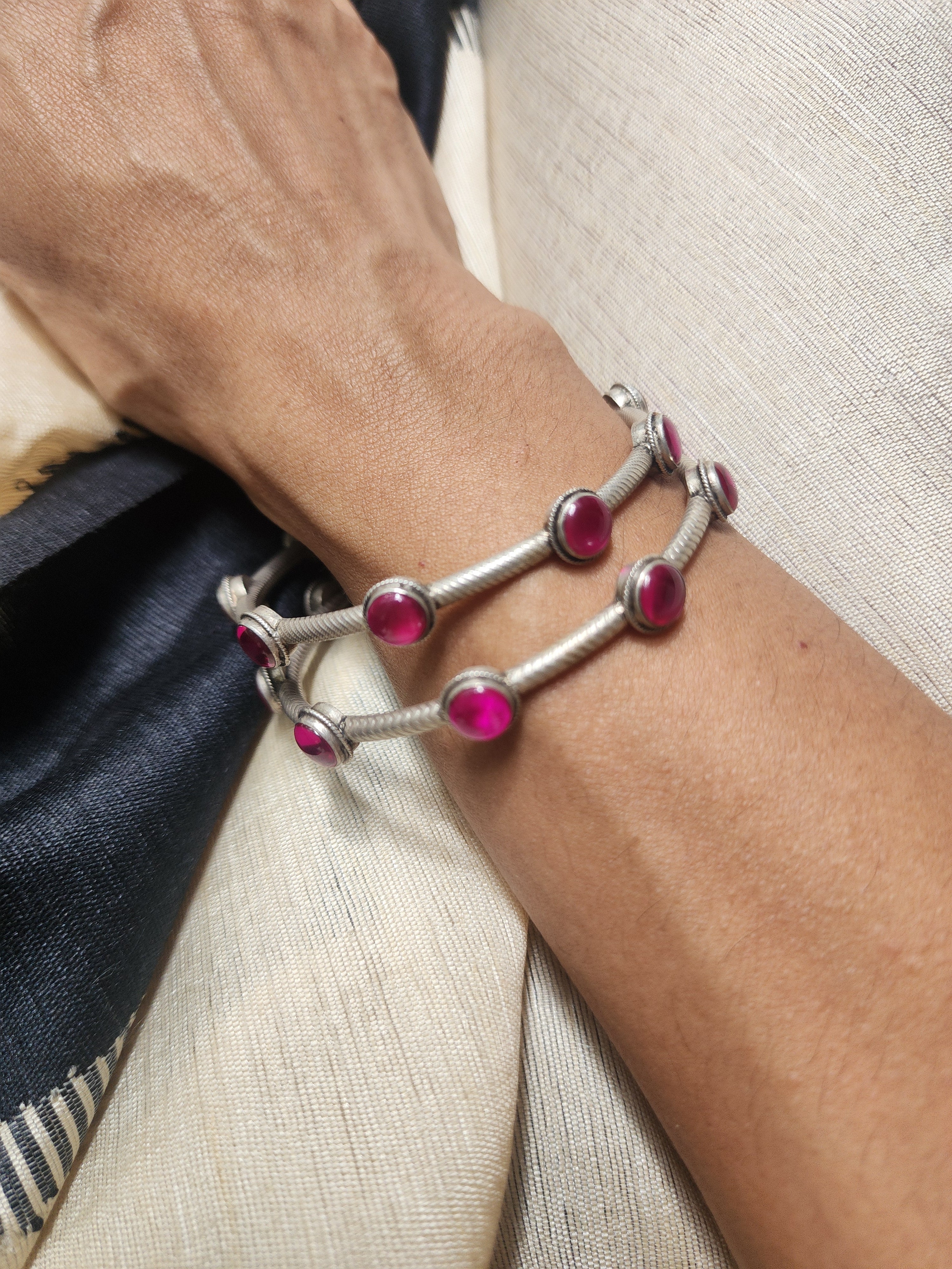 Pink kemp stone bangles, PAIR-Silver Bracelet-CI-House of Taamara