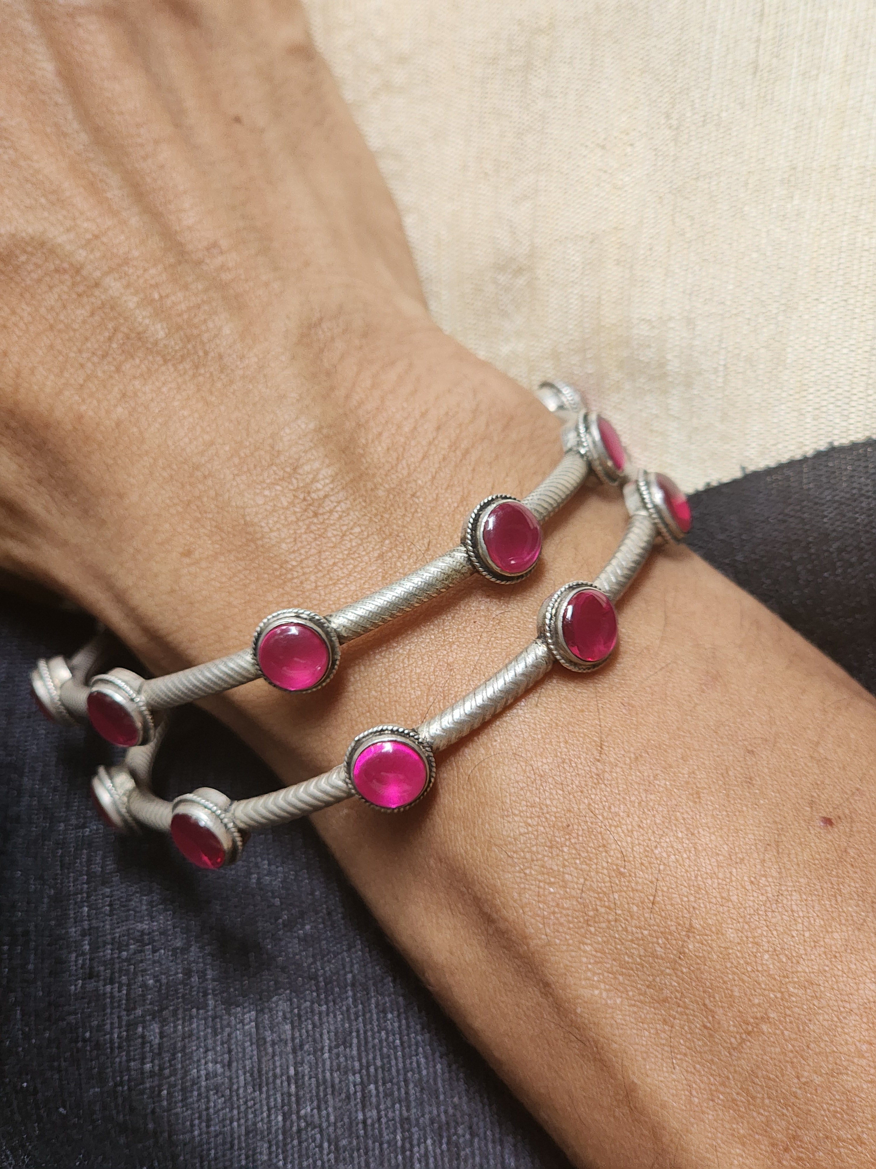 Pink kemp stone bangles, PAIR-Silver Bracelet-CI-House of Taamara