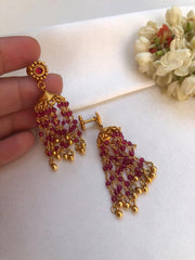 Pink onyx cut beads with deattchable jhumka-Earrings-PL-House of Taamara