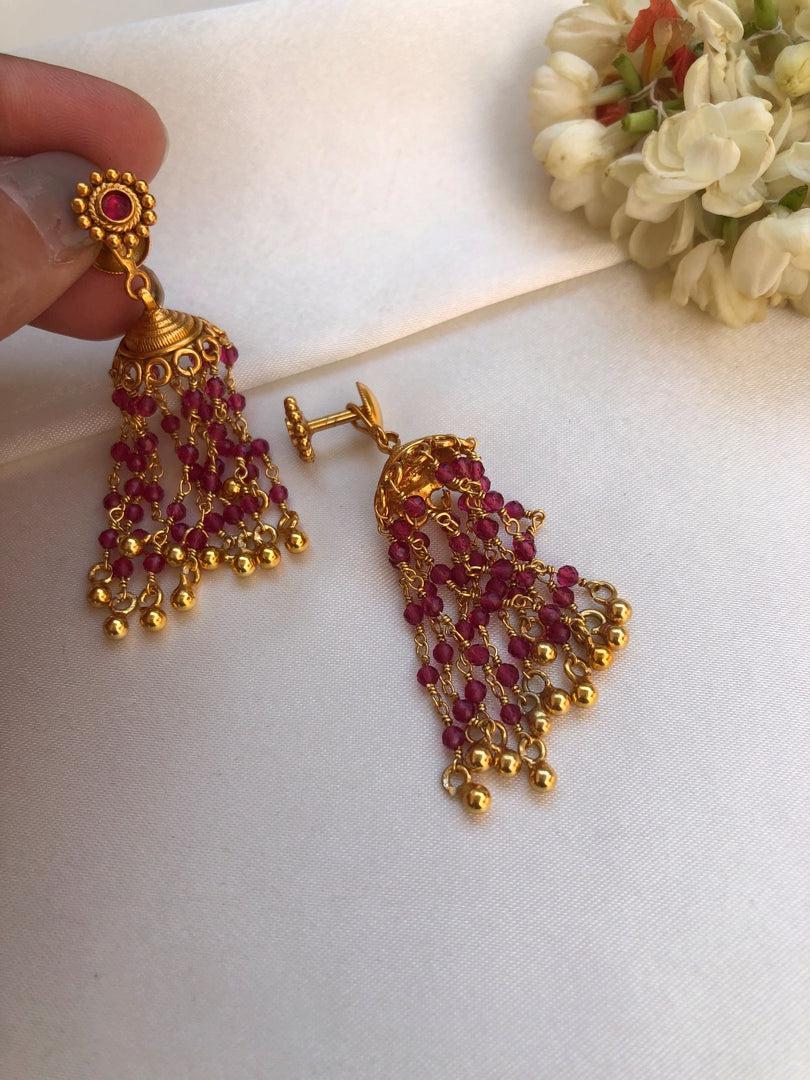 Pink onyx cut beads with deattchable jhumka-Earrings-PL-House of Taamara