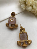Pink onyx square earrings with antique beads-Earrings-PL-House of Taamara