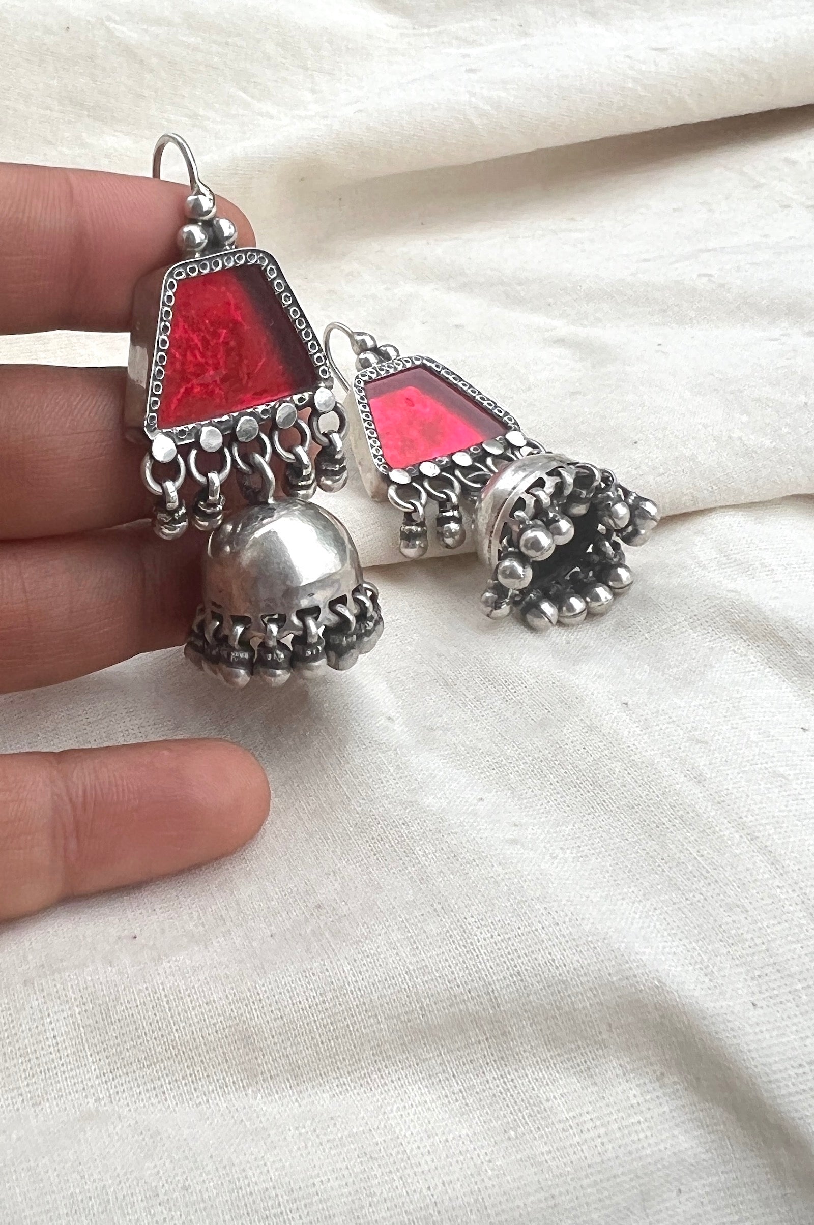 Pink rhombus with jhumki-Silver earrings-EZ-House of Taamara