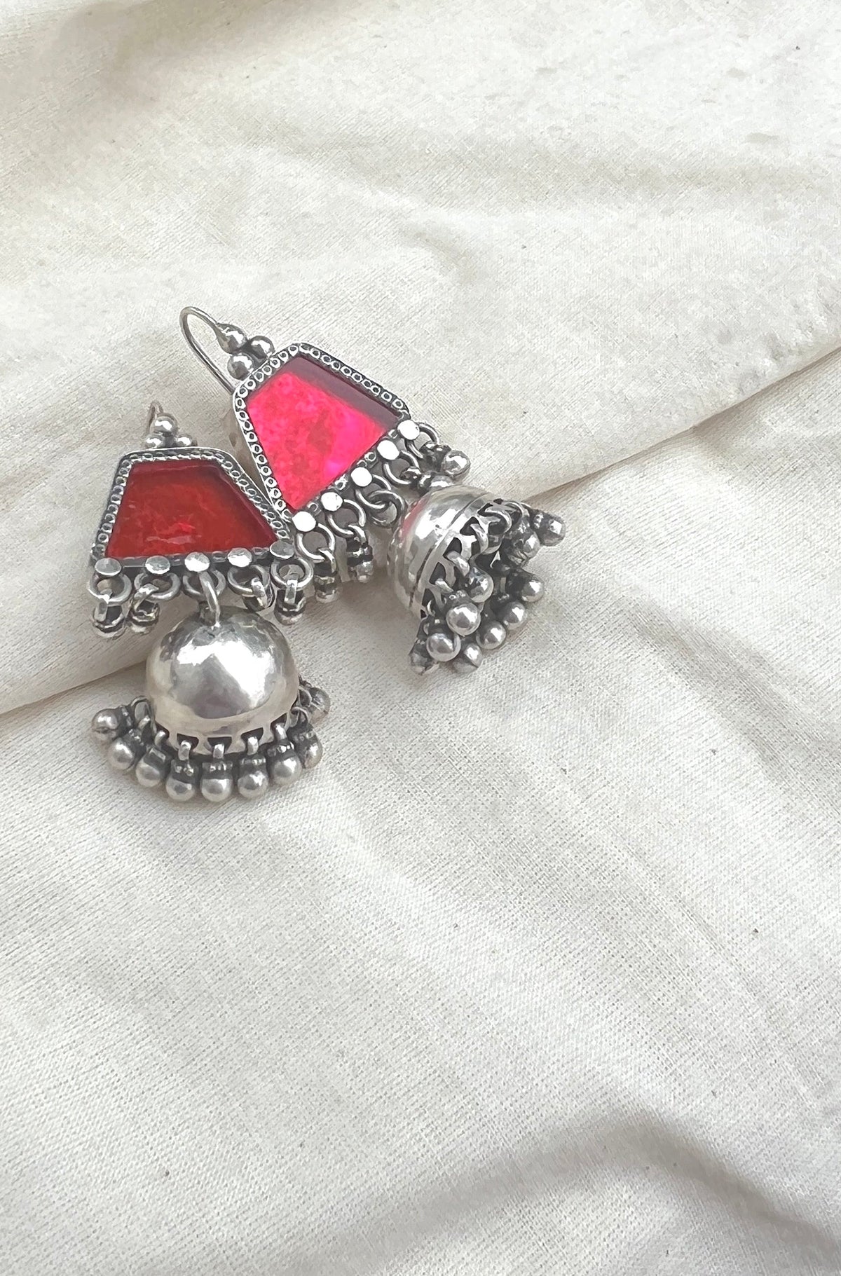 Pink rhombus with jhumki-Silver earrings-EZ-House of Taamara