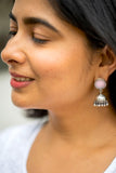 Pink stripe circle with a small jhumki at bottom with ghugris-Silver Neckpiece-EZ-House of Taamara