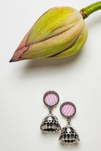 Pink stripe circle with a small jhumki at bottom with ghugris-Silver Neckpiece-EZ-House of Taamara