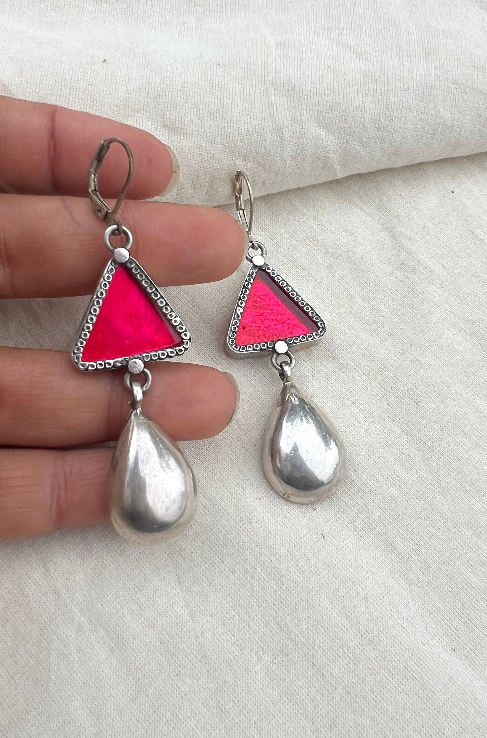 Pink triangle with a silver drop-Silver earrings-EZ-House of Taamara