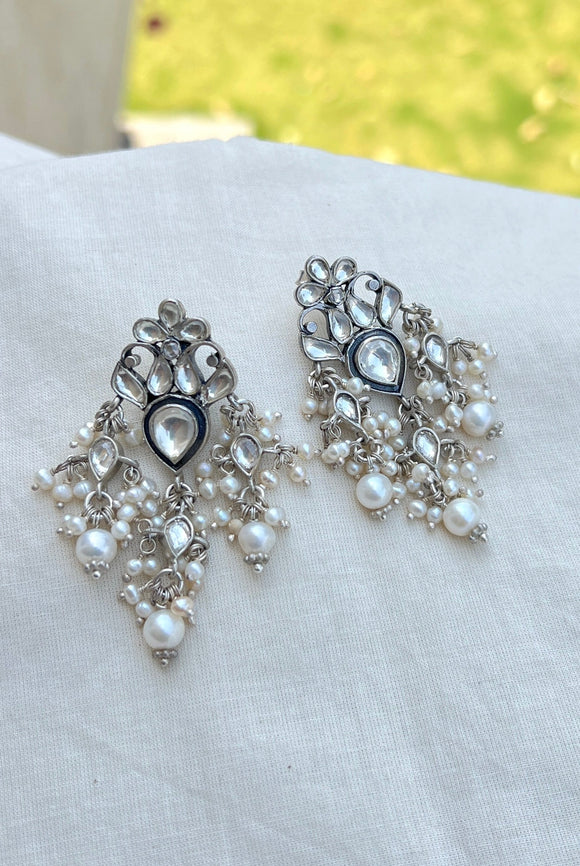 Polki earrings with pearls-Silver earrings-EZ-House of Taamara