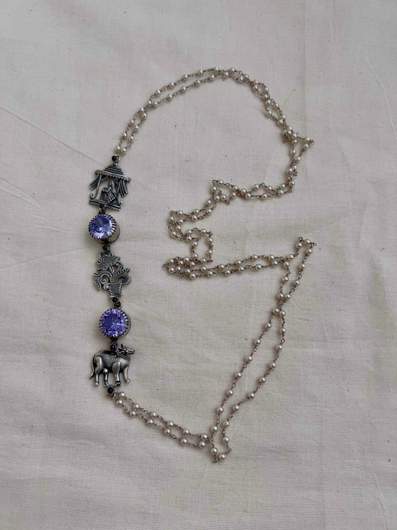 Purple stone with nakash & pearl side mope long chain-Silver Neckpiece-CI-House of Taamara
