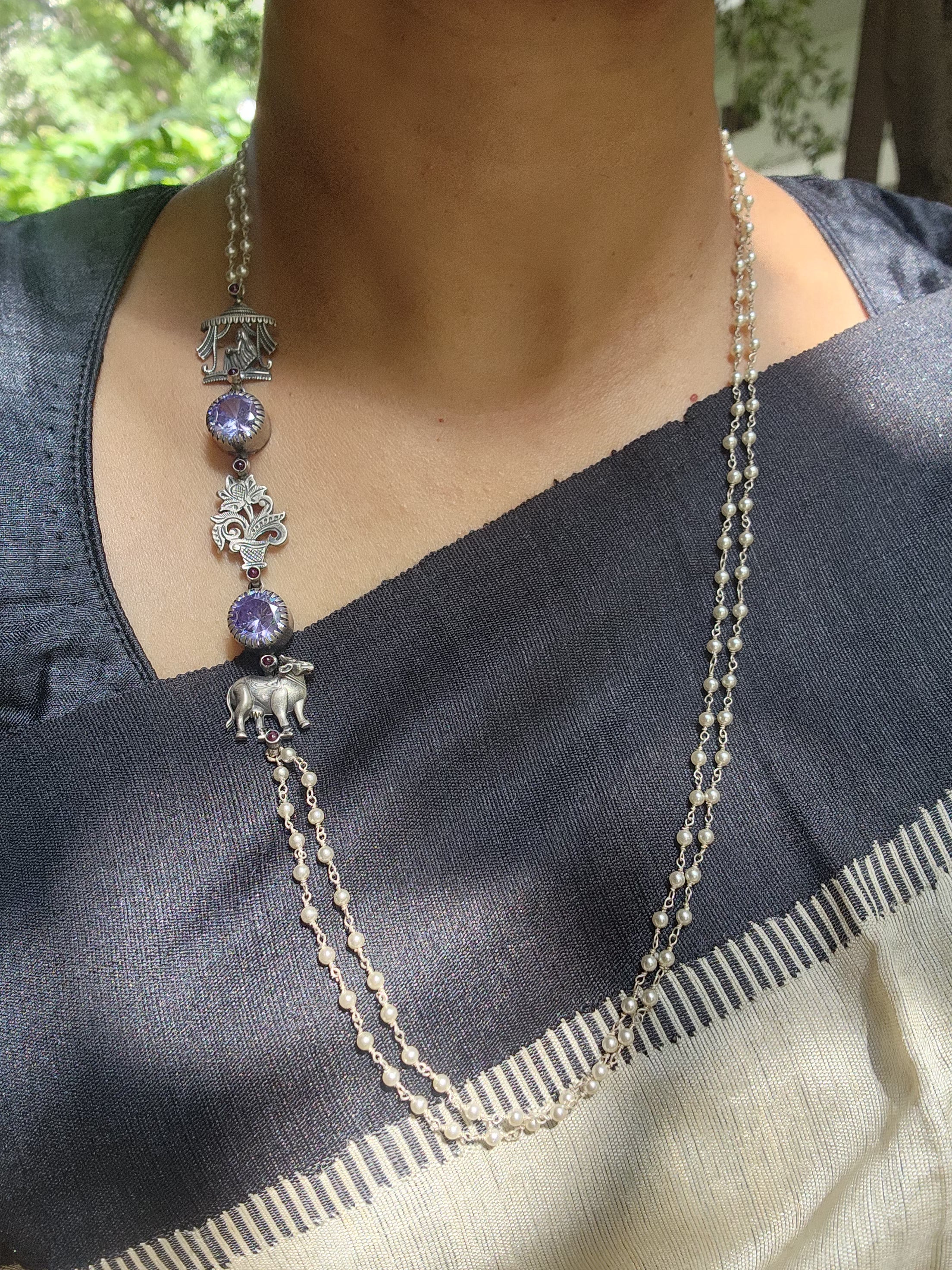 Purple stone with nakash & pearl side mope long chain-Silver Neckpiece-CI-House of Taamara