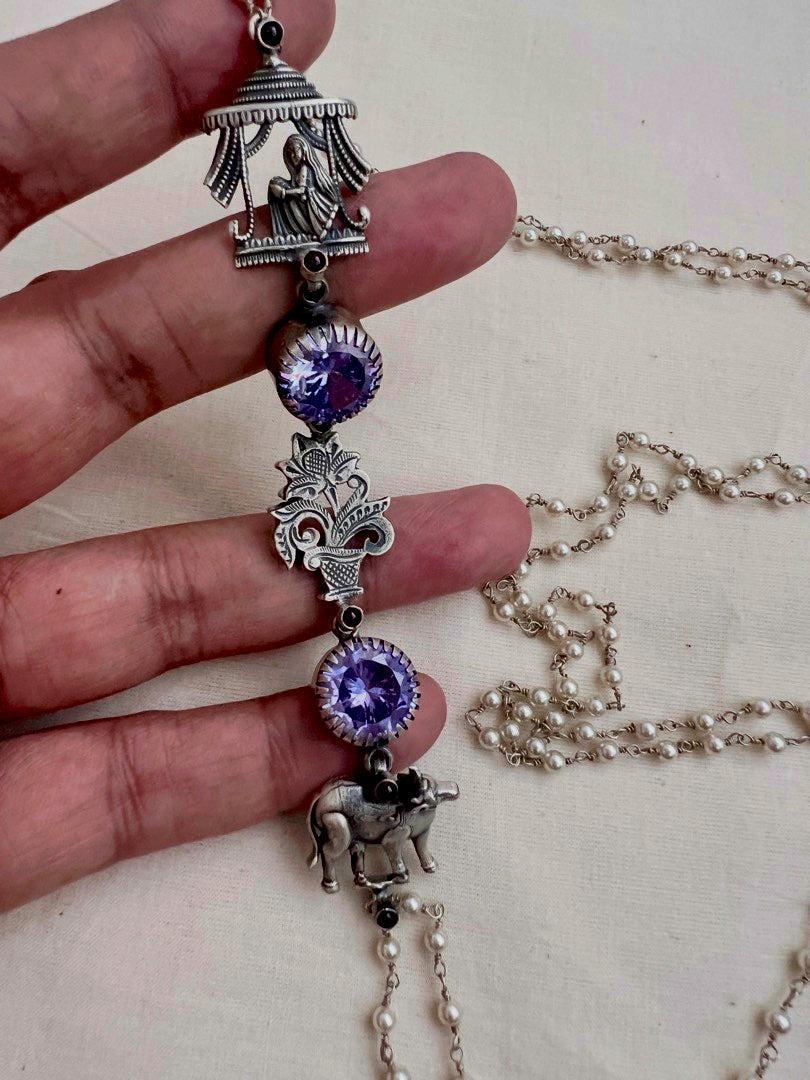 Purple stone with nakash & pearl side mope long chain-Silver Neckpiece-CI-House of Taamara