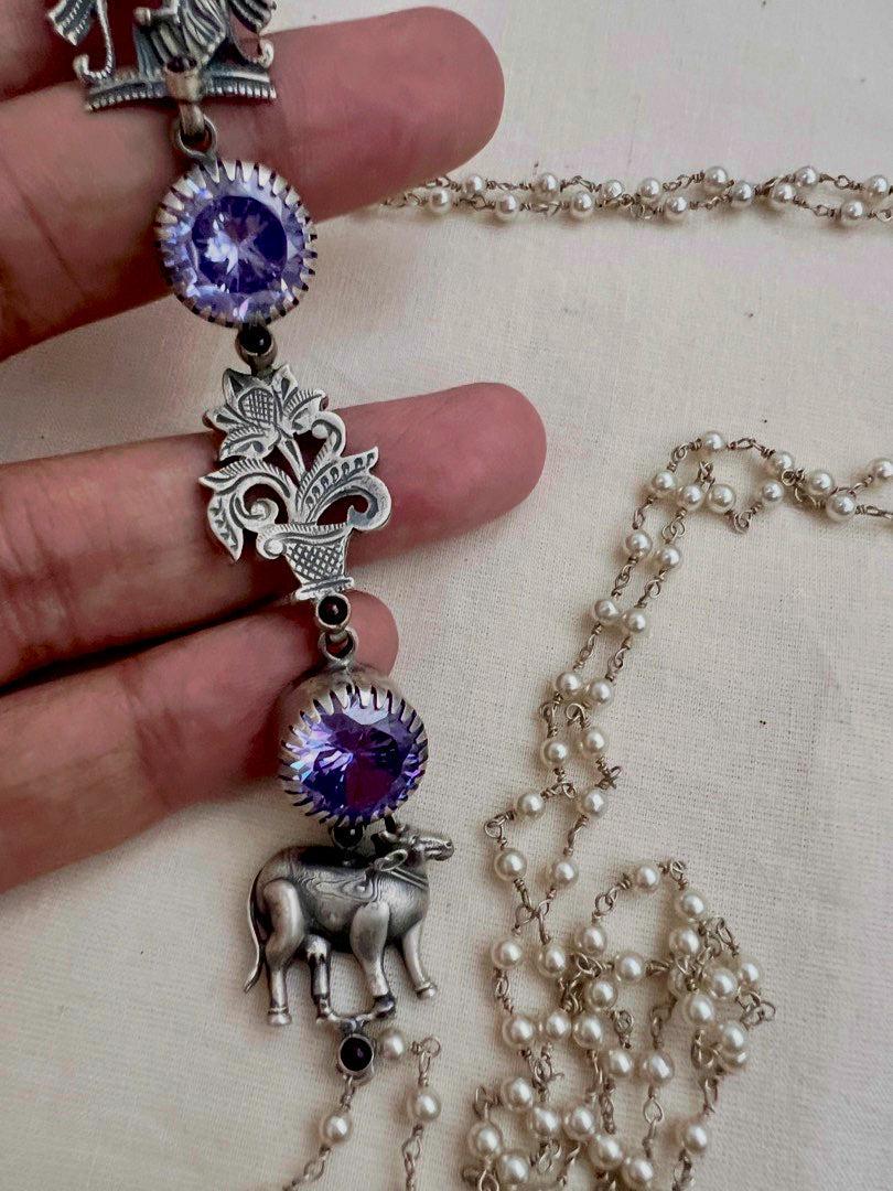 Purple stone with nakash & pearl side mope long chain-Silver Neckpiece-CI-House of Taamara