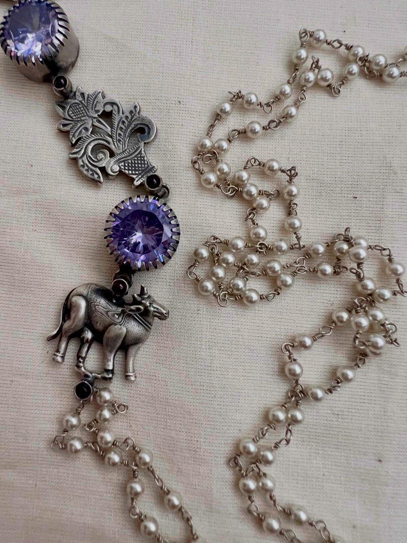 Purple stone with nakash & pearl side mope long chain-Silver Neckpiece-CI-House of Taamara