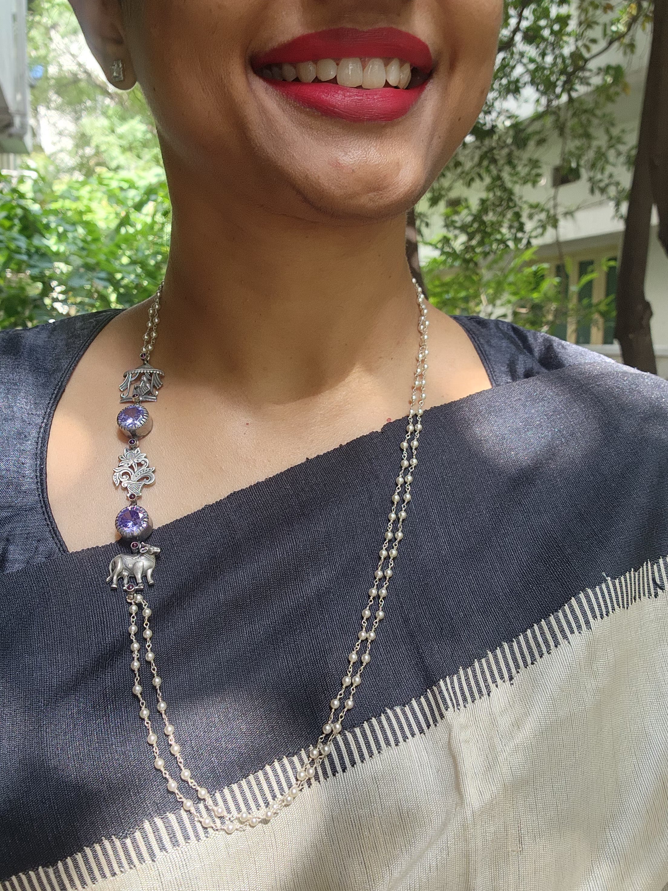 Purple stone with nakash & pearl side mope long chain-Silver Neckpiece-CI-House of Taamara