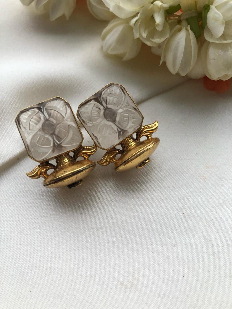 Quartz carved square antique style earrings-Earrings-PL-House of Taamara