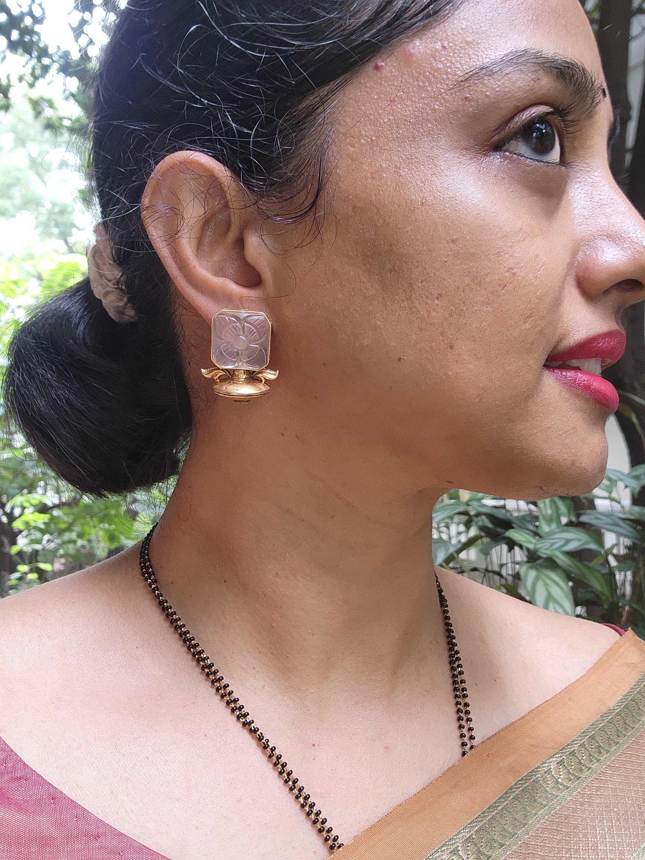 Quartz carved square antique style earrings-Earrings-PL-House of Taamara