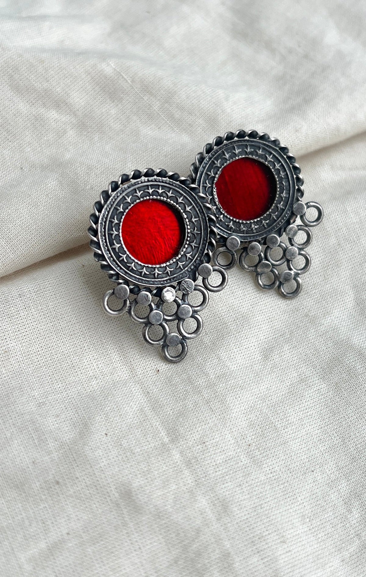 Red circle with links stud-Silver earrings-EZ-House of Taamara