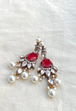 Red hydro stone long earrings with pearls-Silver earrings-EZ-House of Taamara