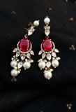Red hydro stone long earrings with pearls-Silver earrings-EZ-House of Taamara