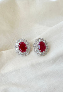 Red oval with small moissanites and white baguettes-Silver earrings-EZ-House of Taamara