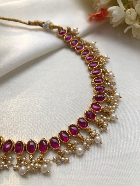 Red spinel necklace with pearls bunch-Silver Neckpiece-PL-House of Taamara