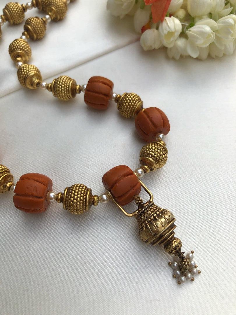 Ribbed coral beads with Antique beads and pearls bunch necklace-Silver Neckpiece-PL-House of Taamara