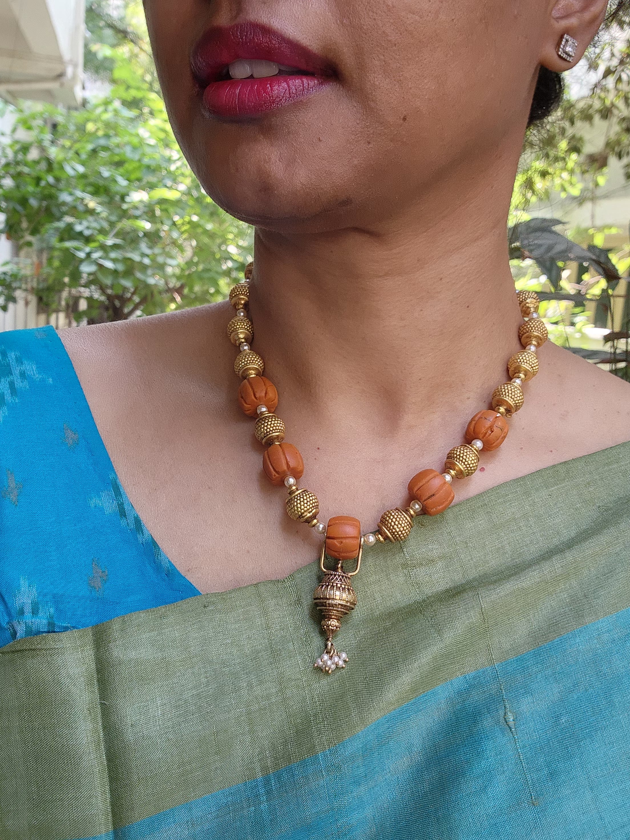 Ribbed coral beads with Antique beads and pearls bunch necklace-Silver Neckpiece-PL-House of Taamara
