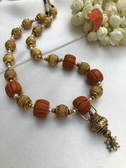 Ribbed coral beads with Antique beads and pearls bunch necklace-Silver Neckpiece-PL-House of Taamara