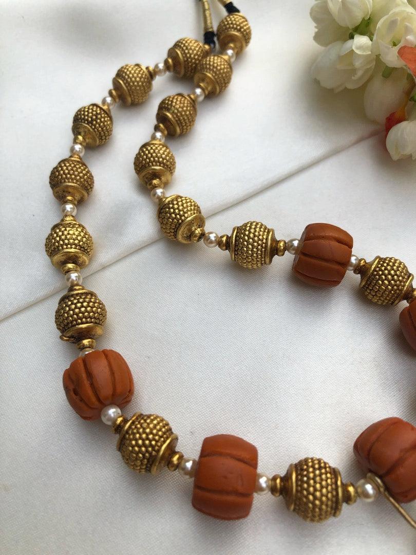 Ribbed coral beads with Antique beads and pearls bunch necklace-Silver Neckpiece-PL-House of Taamara