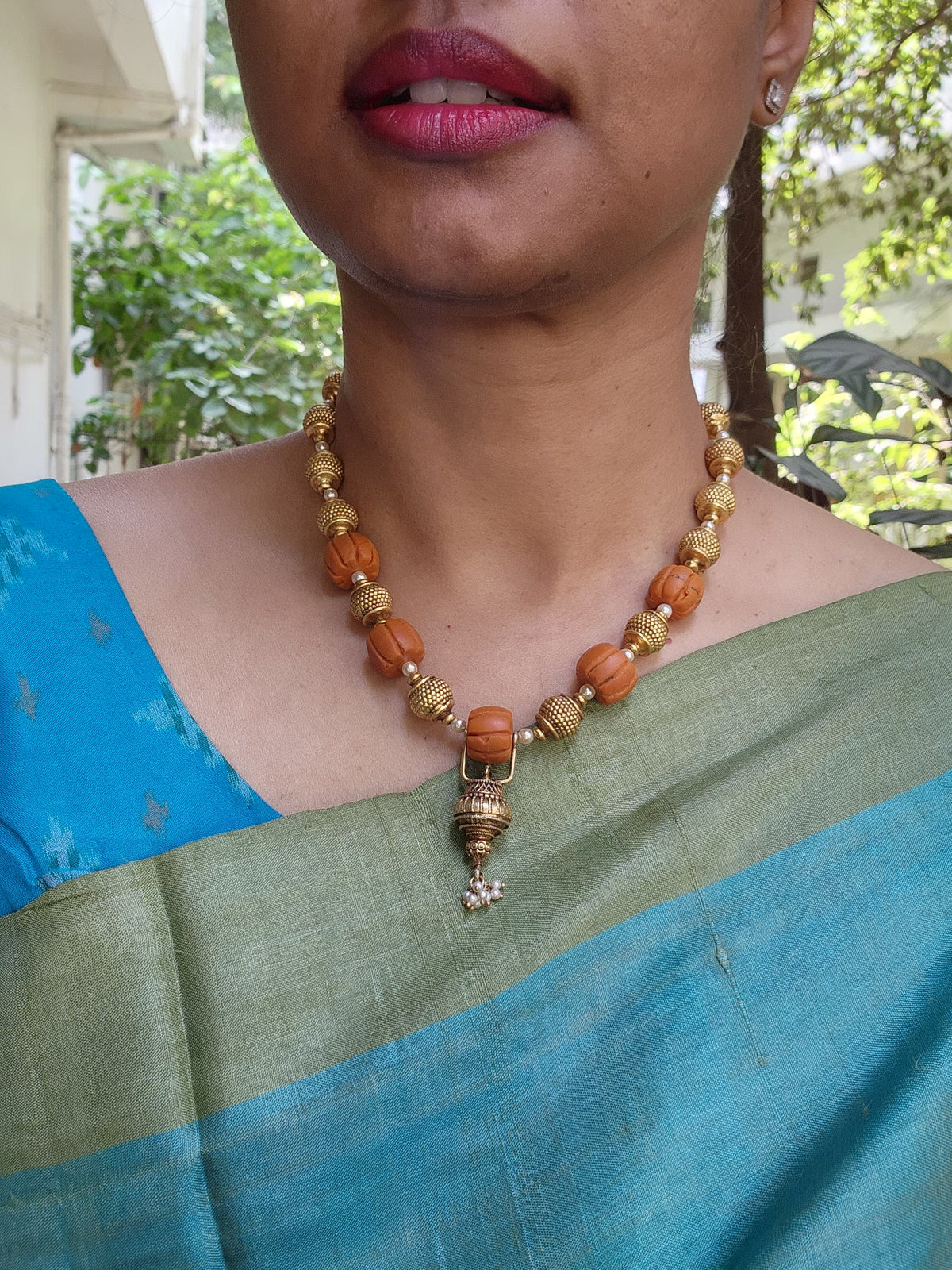 Ribbed coral beads with Antique beads and pearls bunch necklace-Silver Neckpiece-PL-House of Taamara