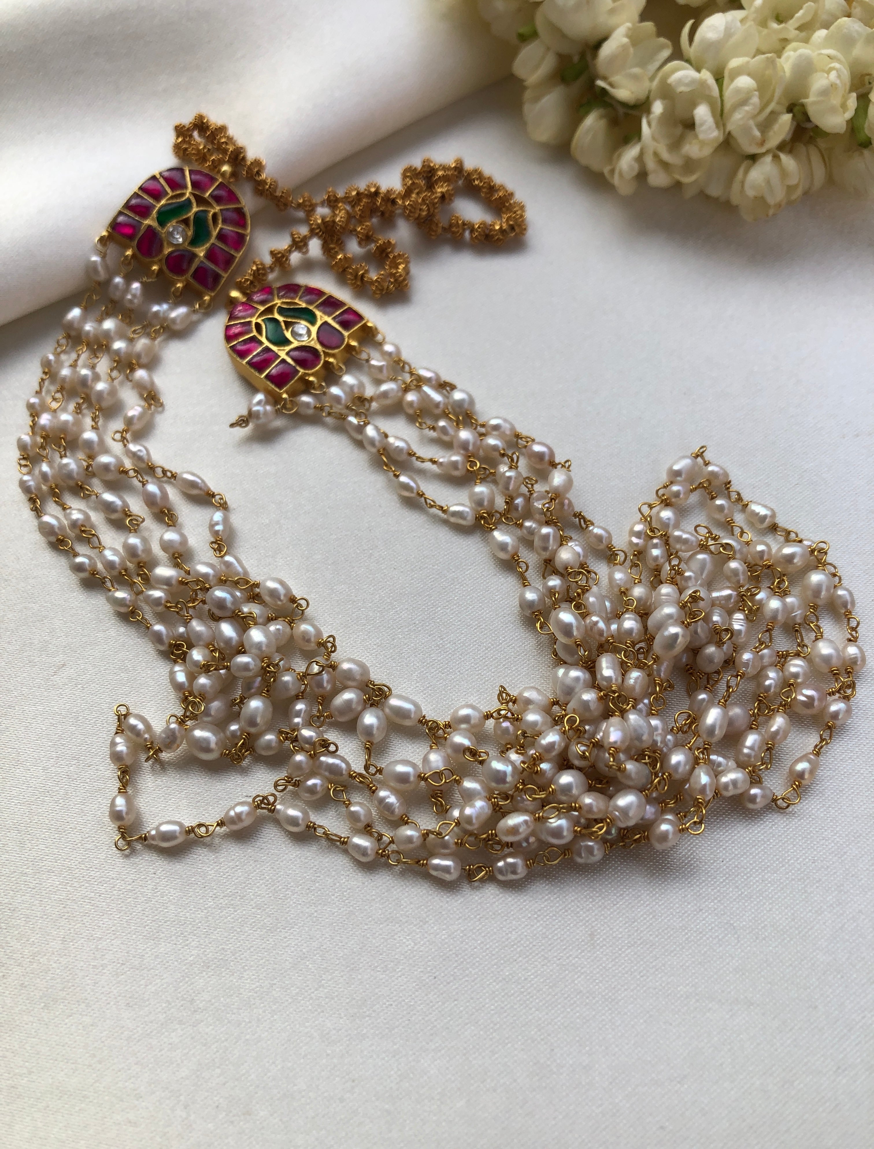 Rice Pearls Long Mala With Kundan Side & Beads Back Chain (MADE TO ORDER)-Silver Neckpiece-PL-House of Taamara