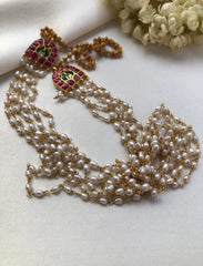 Rice Pearls Long Mala With Kundan Side & Beads Back Chain (MADE TO ORDER)-Silver Neckpiece-PL-House of Taamara