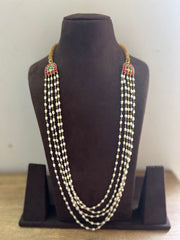 Rice Pearls Long Mala With Kundan Side & Beads Back Chain (MADE TO ORDER)-Silver Neckpiece-PL-House of Taamara